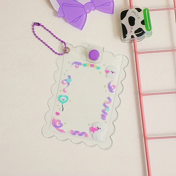 PVC Photocard Sleeve Keychain, with Ball Chains, Wave-Edged Rectangle with Orchid Ribbon Pattern, Clear, 110x80mm, Inner Diameter: 100x64mm