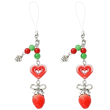 2Pcs Acrylic Heart & Resin Strawberry & Alloy Bowknot & Glass Bead Mobile Straps, Antique Silver, Red, 163mm