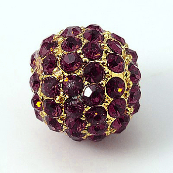 Alloy Rhinestone Beads, Grade A, Round, Golden Metal Color, Amethyst, 10mm