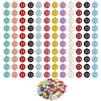 120Pcs 12 Colors Golden Plated Alloy Charms, with Enamel, Enamelled Sequins, Flat Round with Letter, Letter.D, 14x12x2mm, Hole: 1.5mm, 10pcs/color