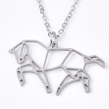 201 Stainless Steel Pendant Necklaces, with Cable Chains, Horse, Stainless Steel Color, 17.5 inch~17.9 inch(44.5~45.5cm), 1.5mm, Horse: 17x30x1mm