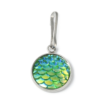 Resin Flat Round with Mermaid Fish Scale Keychin, with Iron Keychain Clasp Findings, Cyan, 2.7cm