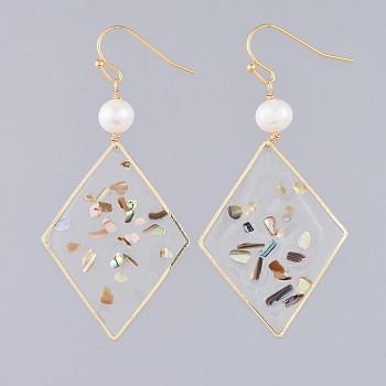 Dangle Earrings, with Epoxy Resin, Shell, Natural Pearl, Alloy Findings and Brass Earring Hooks, Rhombus, Real 18K Gold Plated, 63mm, Pin: 0.6mm