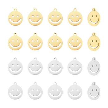 20Pcs 2 Colors 304 Stainless Steel Pendants, Hollow, Flat Round with Smiling Face Charm, Golden & Stainless Steel Color, 14x11.5x1.3mm, Hole: 1.3mm, 10pcs/color