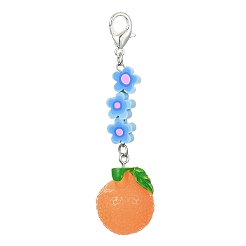 Fruit Resin Pendant Decoration, Zinc Alloy Lobster Claw Clasps and Flower Polymer Clay Beads Charm, Orange, 78mm