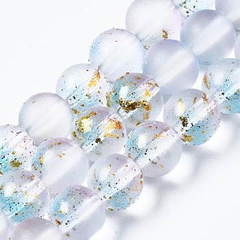 Frosted Spray Painted Glass Beads Strands, with Golden Foil, Round, Lavender Blush, 8~9mm, Hole: 1.2~1.5mm, about 46~56pcs/Strand, 14.37 inch~16.3 inch(36.5~41.4cm)