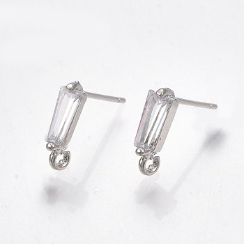 Brass Cubic Zirconia Stud Earring Findings, with Loop, Clear, Real Platinum Plated, 11.5x3mm, Hole: 1.2mm, Pin: 0.7mm