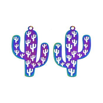 201 Stainless Steel Pendants, Etched Metal Embellishments, Cactus, Rainbow Color, 48.5x32x0.3mm, Hole: 2.5mm