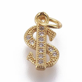 Brass Micro Pave Cubic Zirconia Charms, Dollar Sign, Clear, Golden, 11.5x6.5x2mm, Hole: 3mm