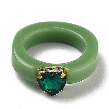 Resin Finger Rings, with Plastic Rhinestone, Heart, Golden, Green, US Size 6, Inner Diameter: 17mm