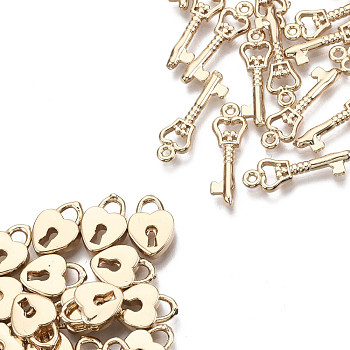 Brass Pendants Sets, Long-Lasting Plated, Heart Lock & Key, Light Gold, 19x6x1.5mm, Hole: 1.2mm & 12x8x2.5mm, Hole: 2.5mm