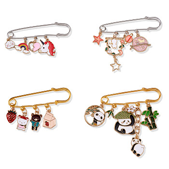4Pcs 4 Style Unicorn & Planet & Bear & Panda Enamel Charms Safety Pins Brooches, Alloy Badges for Sweater Shirt Dresses Decoration Accessories, Mixed Color, 60x17mm, 1Pc/style