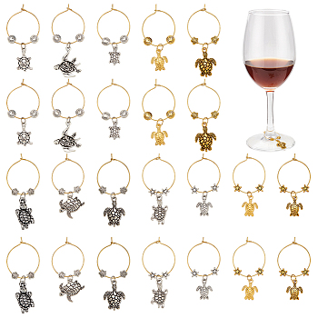 24Pcs 12 Style Tortoise Tibetan Style Alloy Pendant Wine Glass Charms, with Flat Round with Heart & Flower & Star Alloy Beads and Brass Hoop Earring Findings, Antique Silver & Antique Golden, 46~57mm, 2pcs/style