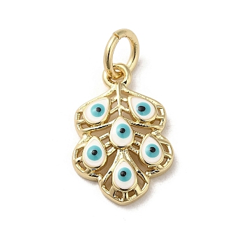 Brass Enamel Pendants, with Jump Ring, Real 18K Gold Plated, Leaf with Evil Eye Charm, White, 17x11.5x3.2mm, Hole: 3.8mm