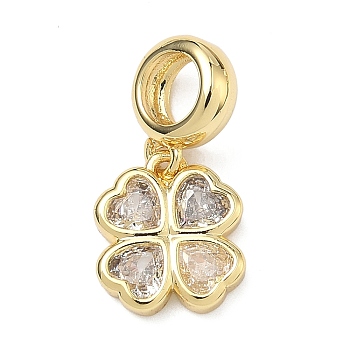 Saint Patrick's Day Brass Pave Cubic Zirconia Shamrock European Dangle Charms, Clover Large Hole Pendants, Rack Plating, Long-Lasting Plated, Cadmium Free & Lead Free, Real 18K Gold Plated, Clear, 20mm, Hole: 4.9mm