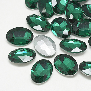 Pointed Back Glass Rhinestone Cabochons, Back Plated, Faceted, Oval, Med.Emerald, 8x6x3mm