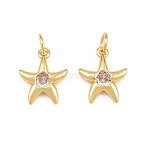 Brass Micro Pave Clear Cubic Zirconia Pendants, Starfish Charms, Rack Plating, Long-Lasting Plated, Lead Free & Cadmium Free, Real 18K Gold Plated, 13.5x11x3mm, Hole: 3mm(KK-H292-53B-G)