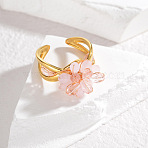304 Stainless Steel and Synthetic Quartz Cuff Open Rings, Flower, Golden, Pink, Inner Diameter: 18mm(FS-WG4BB63-01)