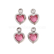 Heart Rack Plating Brass Glass Pendants, Cadmium Free & Lead Free, Long-Lasting Plated, Platinum, Hot Pink, 7.5x5x2mm, Hole: 1mm(KK-S385-01P-03)