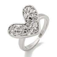 Heart Brass Micro Pave Cubic Zirconia Open Cuff Ring for Women, Cadmium Free & Lead Free, Long-Lasting Plated, Platinum, Adjustable(RJEW-E296-05P)