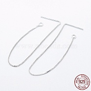 925 Sterling Silver Ear Stud Findings, with 925 Stamp, Ear Thread, with Box Chain, Silver, 100x0.8mm, Hole: 1mm, Pin: 0.8mm(STER-I014-01S-B)