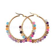 Beaded Hoop Earrings, with with Natural Agate Beads, Golden Plated 304 Stainless Steel Hoop Earrings, 50mm, Pin: 0.6x1mm(EJEW-JE03830-06)