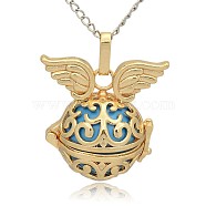 Golden Tone Brass Hollow Round Cage Pendants, with No Hole Spray Painted Brass Round Ball Beads, Round with Wing, Deep Sky Blue, 31x30x21mm, Hole: 3x8mm(KK-J233-01G)