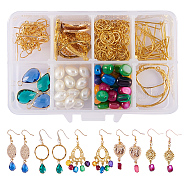 Earring Makings, with Brass Glass Drop Pendants, Brass Leafy Branch Pendants and Brass Earring Hooks, Mixed Color, 110x70x30mm(DIY-SC0002-44)