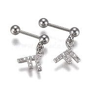 304 Stainless Steel Barbell Cartilage Earrings, with Clear Cubic Zirconia Letter F Charm, Stainless Steel Color, 13.5mm, Pin: 0.8mm, 12pcs/set(EJEW-H113-05P)