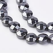 Non-magnetic Synthetic Hematite Beads Strands, Faceted, Flat Round, 6x3.5mm, Hole: 0.5mm, about 66pcs/strand, 15.74 inch(G-F396-11-6mm)
