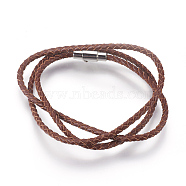 Leather Braided Cord Wrap Bracelets/Necklaces, Three Loops, with 304 Stainless Steel Magnetic Screw Clasps, Column, Coconut Brown, 22.8 inch~23 inch(58~58.5cm), 3mm(BJEW-JB03919-02)