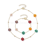 Glass Flower Links Bracelets & Necklaces Sets, Brass Jewelry for Women, Colorful, Beacelet: 7-1/2 inch(19.2cm), Necklace: 14-7/8 inch(37.7cm)(SJEW-JS01296)