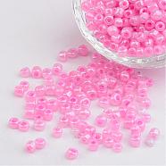 DIY Craft Beads 6/0 Ceylon Round Glass Seed Beads, Pink, Size: about 4mm in diameter, hole:1.5mm, about 495pcs/50g(X-SEED-A011-4mm-145)