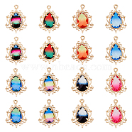 16Pcs 8 Colors Golden Tone Brass Pendants, with Faceted Glass, Teardrop, Mixed Color, 25.5x19x6mm, Hole: 1.6mm, 2Pcs/color(GLAA-DC0001-16)