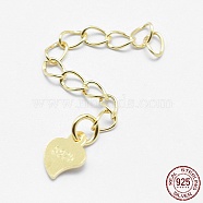 925 Sterling Silver Extender Chains, with Heart Charms, Real 18K Gold Plated, 42mm, Heart: 7x5x0.5mm(X-STER-F032-10G)