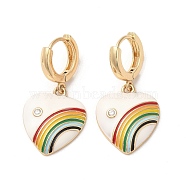 Heart with Rainbow Real 18K Gold Plated Brass Dangle Hoop Earrings, with Cubic Zirconia and Enamel, WhiteSmoke, 34.5x18mm(EJEW-L268-042G-03)