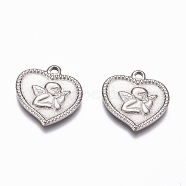 304 Stainless Steel Angel Pendants, Heart with Cupid/Cherub, Stainless Steel Color, 15x15x2mm, Hole: 1.6mm(STAS-G218-07P)