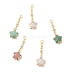 Natural Gemstone Star Pendants, with Electroplate Non-magnetic Synthetic Hematite and Silver Tone Brass Crystal Rhinestone Findings, Golden, 36~38mm(PALLOY-JF01505)