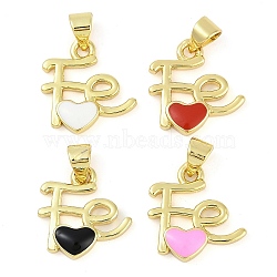 Rack Plating Brass Enamel Pendants, Long-Lasting Plated, Cadmium Free & Lead Free, Real 18K Gold Plated, Word Fe Charm, Mixed Color, 16x15.5x3mm, Hole: 4x3.5mm(KK-P287-49G)