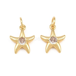 Brass Micro Pave Clear Cubic Zirconia Pendants, Starfish Charms, Rack Plating, Long-Lasting Plated, Lead Free & Cadmium Free, Real 18K Gold Plated, 13.5x11x3mm, Hole: 3mm(KK-H292-53B-G)