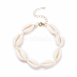 Natural Cowrie Shell Braided Beaded Anklet for Women, Bisque, 8-5/8 inch(22cm)(AJEW-AN00487)