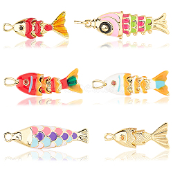 6Pcs 6 Styles Rack Plating Brass Pendants, with Cubic Zirconia and Enamel, Fish Charms, Long-Lasting Plated, Golden, Mixed Color, 22~29x8~9.5x5~7mm, Hole: 1~3mm, 1pc/style(KK-SZ0008-31)