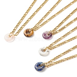 Natural Mixed Stone Donut Pendant Necklace, Gemstone Necklace with 304 Stainless Steel Figaro Chain for Women, Golden, 15.87 inch(40.3cm)(NJEW-JN03815)