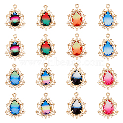 16Pcs 8 Colors Golden Tone Brass Pendants, with Faceted Glass, Teardrop, Mixed Color, 25.5x19x6mm, Hole: 1.6mm, 2Pcs/color(GLAA-DC0001-16)