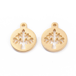 304 Stainless Steel Charms, Laser Cut, Flat Round with Tree of Life, Golden, 12x10x1mm, Hole: 1.2mm(STAS-I151-42G)