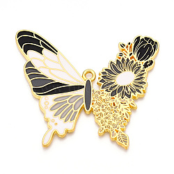 Rack Plating Alloy Enamel Big Pendants, Cadmium Free & Nickel Free & Lead Free, Butterfly with Flower Charms, Golden, Black, 55x63.5x2mm, Hole: 2.5mm(ENAM-N056-398A-G)