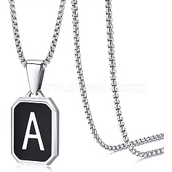 304 Stainless Steel Black Enamel Rectangle with Initial Pendant Box Chain Necklaces, Stainless Steel Color, Letter A, 23.62 inch(60cm)(WG7737E-08)
