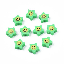 Handmade Polymer Clay Beads, Star with Smiling Face, Spring Green, 7.5~9x8.5~9x3.5~4mm, Hole: 1.6mm(CLAY-N011-45A-07)