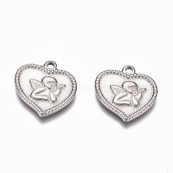 304 Stainless Steel Angel Pendants, Heart with Cupid/Cherub, Stainless Steel Color, 15x15x2mm, Hole: 1.6mm(STAS-G218-07P)