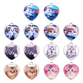 14Pcs 7 Styles Alloy Pendant, Heart with Cat, Platinum, Mixed Color, 21x18x2.5mm, Hole: 2mm, 2pcs/style